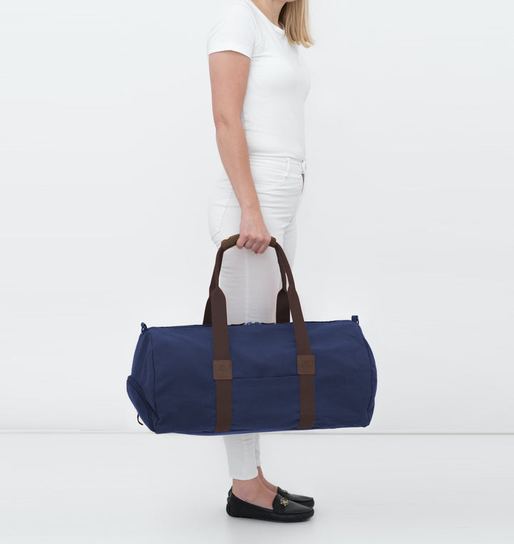 Dufflebag -M- NAVY with brown strap