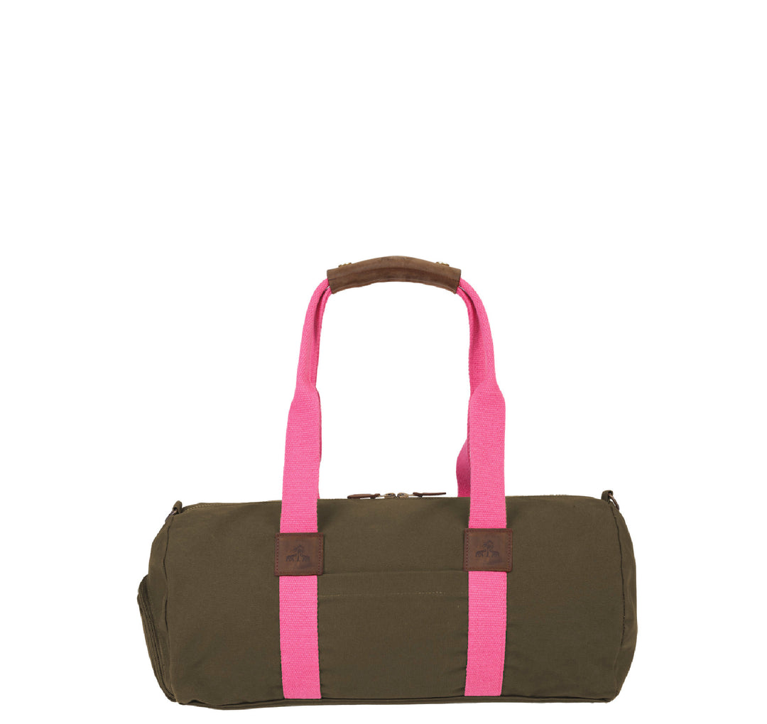 Dufflebag -S- KHAKI mit pinkem Gurtband